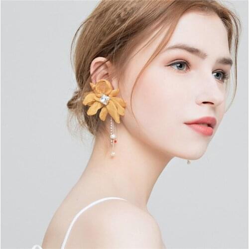 TIMEONLY Elegant Netted Gauze Faux Pearl Dangle Tassel Earrings Bling Rhinestone Flower Dangle Earring for Women Girl Jewellery