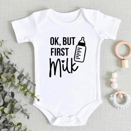 Ok But First Milk Printed Funny Newborn Baby Bodysuits 100% Cotton Short Sleeve Boys Girls Onesies Infant Rompers Toddler Outfit