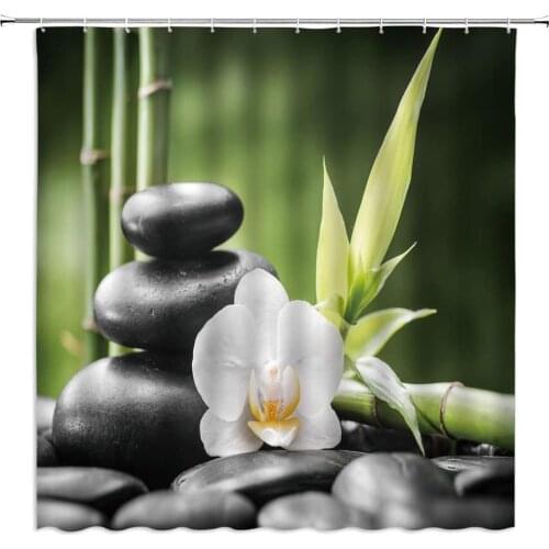 Zen Garden Shower Curtains Spa Green Leaf Bamboo Plant Black Stone White Flower Pattern Bathroom Decor Cloth Hanging Curtain Set