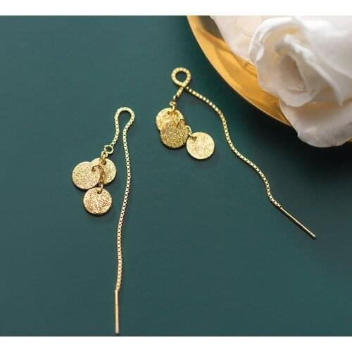 Real. 925 Sterling Silver Fine jewelry Lucky uneven Disc Coin Dangle Long Threader earrings GTLE2913