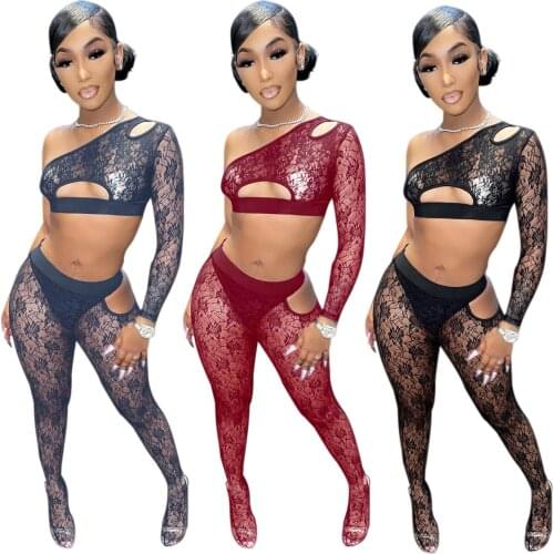 Echoine Twp Piece Ladies Sexy See-through Lace Print Hollow One-shoulder Vest Crop Top Bodycon Long Pants Autumn Party Clubwear