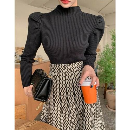 2021 spring new all-match fashion long-sleeved casual slimming solid color puff sleeve bottoming wool sweater women