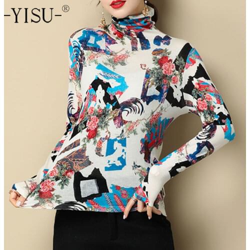 YISU Women Sweater Winter New Turtleneck Printing Knitted pullover Long sleeve Warm Female Jumper Casual Fashion Loose Sweater
