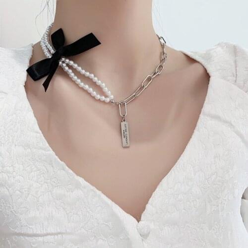 VSnow French Black Bowknot Double Layer Pearl Pendant Necklace for Women Fashion Beaded Chunky Chain Geometric Necklace Jewelry