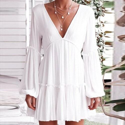 WYWMY Spring Summer Women Dress Sexy Deep V-Neck Backless White Dress Ladies Elegant Hollow Out Bohemian Beach Dresses Vestidos
