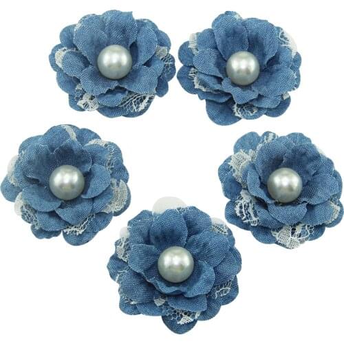 12pcs/lot 5cm Denim Blue Artificial Flower With Pearl And Lace For Flower Wedding Decoration Party Floral Wreath Decoration