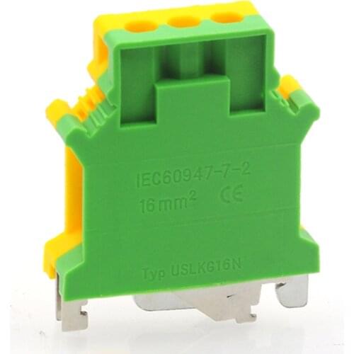 2Pcs Ground Terminal Blocks USLKG16 DIN Rail Screw Bornier UK-16N Yellow Green Earthing Morsettiera Connector 6AWG 16mm²
