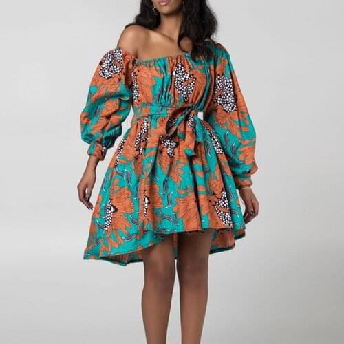 Elegant African Ankara Dress Women Slanted Shoulder Elastic Sexy Mini Dress Wax Print Short Skirt Vestidos Wedding Party Dress