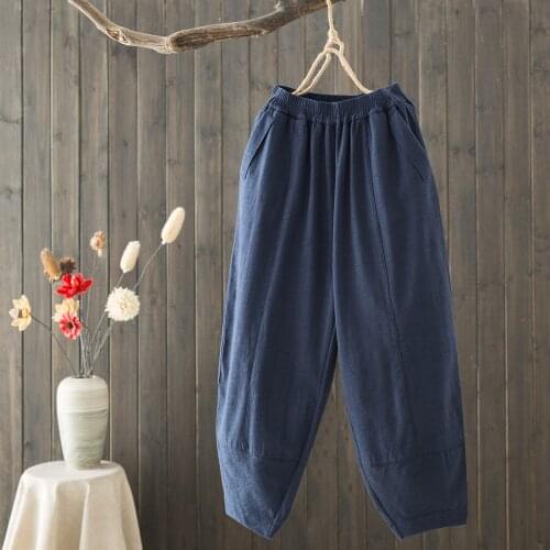 Cotton Linen Women Pants 2020 Winter Fleece Loose Harem Pants Retro Cotton Linen Thick Outer Wear Pockets Casual Warm Trousers