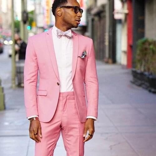 Fashion Pink Men Slim Fit Wedding Tuxedos Costume Homme Groom Mens Suits Business Prom Dinner One Button Blazer (Jacket +Pants)