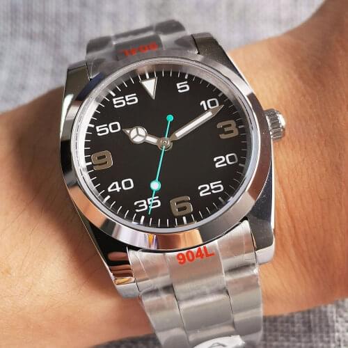 36mm tandorio MIYOTA 8215 Movement Mens Watch Black Dial Sapphire glass Date Steel Bracelet