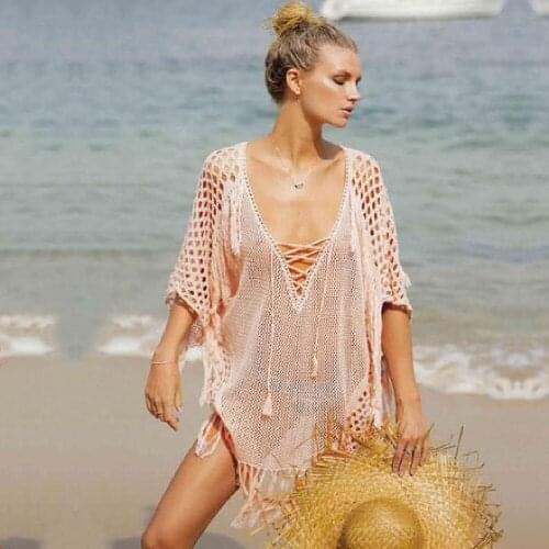 New Arrivals Sexy Beach Cover up Pink Crochet Robe de Plage Pareos for Women Swim Wear Saida de Praia Beachwear Coverups AQ195