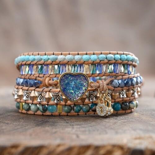 Love Key Zircon Pave Charm Blue Opal Heart Bracelets Five Strands