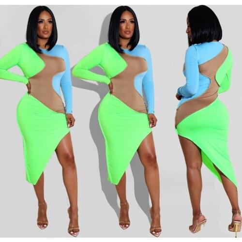 Autumn 2021 new long-sleeved fashion sexy irregular stitching mid-length skirt green pullover dress