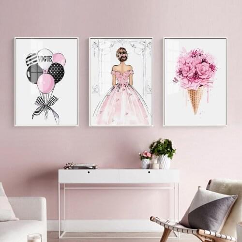 Simple Nordic watercolor balloon bouquet, pink wedding dress, fashion and festive decorative painting canvas printing