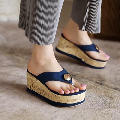 PXELENA Chic 2021 Summer Women Wedge High Heels Thong Flip Flops Faux Suede Lady Platform Slippers Rivet Slides Plus Size 34-43
