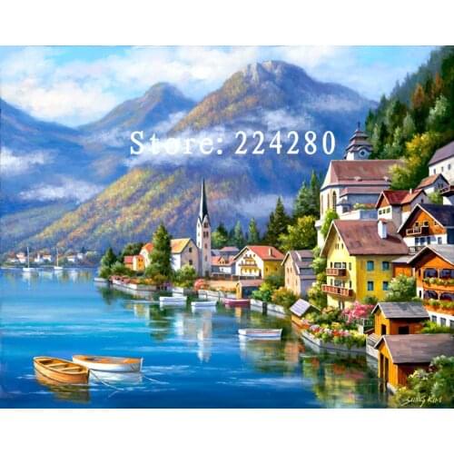 Needlework,Handwork 14CT Counted Lake Town Mountain Scenery Embroidery DIY Cross stitch kit,Art Cross-Stitching Home Decor