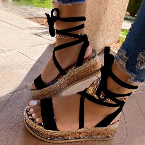 Ladies Sandals Retro Summer 2021 Wedge Shoes Ethnic Print Fashion Casual Lace-up Womens Shoes Beach Ladies Sandals