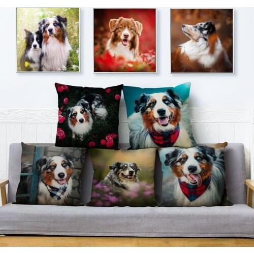 Cute Australian Shepherd Dog Print Cushion Cover 45*45 Square Linen Pillow Covers Throw Pillows Cases Sofa Home Decor Pillowcase