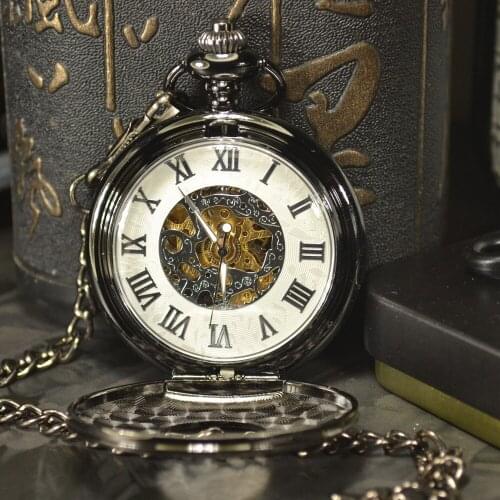 TIEDAN Steampunk Luxury Fashion Antique Skeleton Mechanical Pocket Watch Men Chain Necklace Business Casual Pocket & Fob Watches