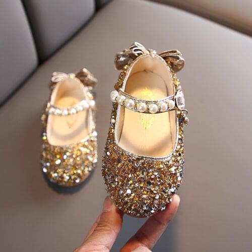 2021 Spring New Girls Shoes Sequins String Bead Princess Shoes Kids Fashion Pearls Bow Flower Girl Wedding Shoes E728