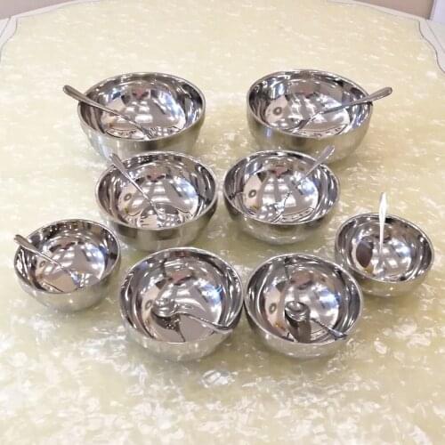 Thickening Stainless Steel Tableware 2-Piece Set Double-Deck Childrens Bowl Small Spoon Steel Rice Bowl Big Round Soup Bowl