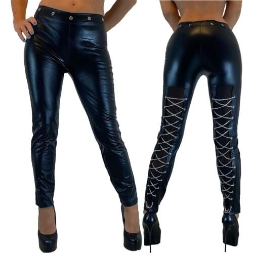 WONDER BEAUTY Women Skinny PU Long Pants Transparent Silk Faux Leather Chains Lace-Up Cross Steampunk