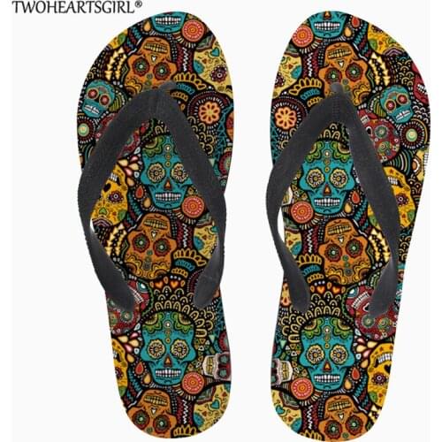 Twoheartsgirl Sugar Skull Print Women Flipflops Classic Casual Shoes Beach Sandal Flip Flops Shoes Ladies Home Slipper Custom