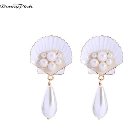 Banny Pink Beach Seashell Pin Earrings For Women Bohemia Gold Color Enamel White Pearl Statement Stud Earring Brinco