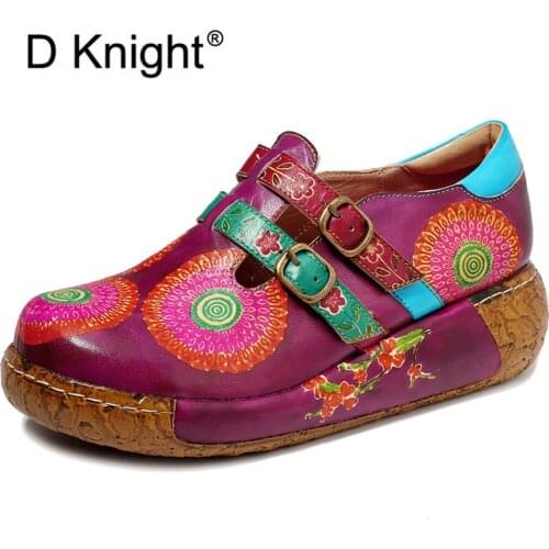 2020 New Casual Retro Women Pumps Ethnic Style Handmade Single Lady Platform Shoes Genuine Leather Stitching Printed Wedge Soles