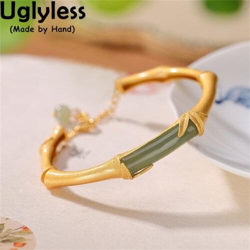 Uglyless 100% Real 925 Sterling Silver Handmade Bamboo Bangles for Women Strawberry Quartz Ethnic Bracelets Handmade Fine Jewel