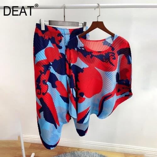 DEAT Pleated Suit Woman Hit Color Print Loose Pullover Top + High Elastic Waist Harem Pants 2021 Summer Oversized Clothing HT830