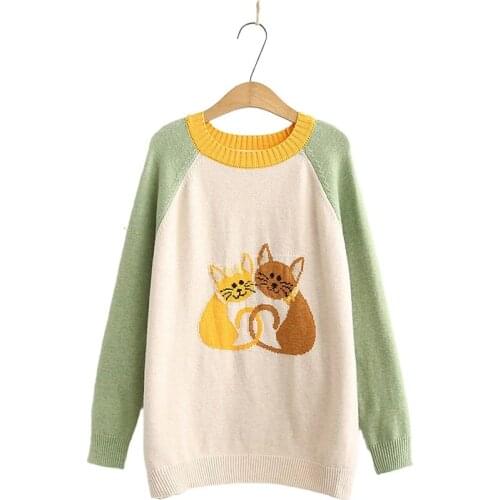 Autumn Women Sweet Cute Cartoon Anime Cat Color Matching Knitted Sweaters Jacquard Japanese Mori Female Pullover 2010134