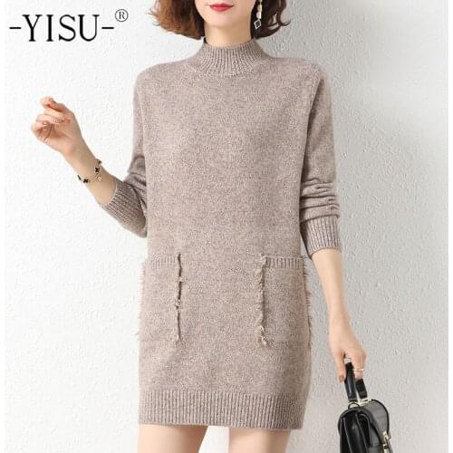 YISU Women Winter Sweater Half turtleneck Solid color Winter tops Long section Warm Casual Jumper Fashion pocket Knitted pullove