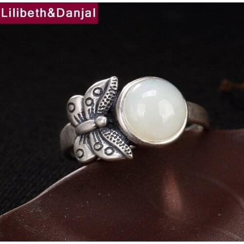 2019 Bohemian finger Adjustable Ring 100% 925 Sterling Silver fine Jewelry Women Vintage Mosaic Jade Butterfly Statement Ring R1