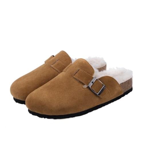 2021 Fashion Winter Fur Slipper Leather Mule Clogs Slippers Long Plush Warm Indoor Soft Cork Buckle Slides Footwear For Women