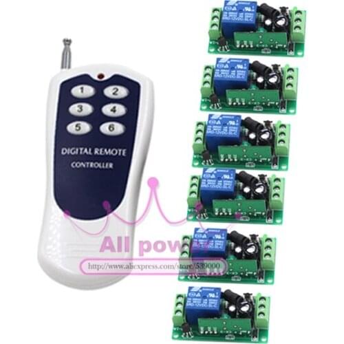 12V 1CH Wireless Remote Control Switch RF ON/OFF Switch System 6pcs Receivers + 1pc Transmitter Control Smart Plug