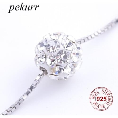 Pekurr 925 Sterling Silver 6.3mm Round Paved Crystal Bead Ball Necklace For Women Box Chain Pendants Fine Jewelry Gifts