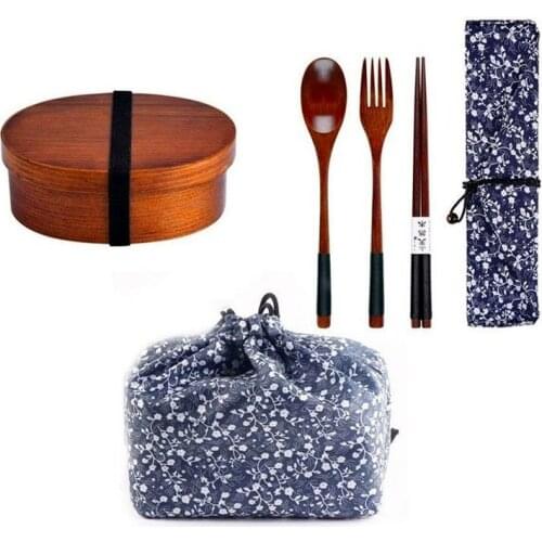 Wooden Lunch Box Picnic Japanese Bento Box for School Kids Dinnerware Set with Bag&Spoon Fork Chopsticks Round Square Lunch Box