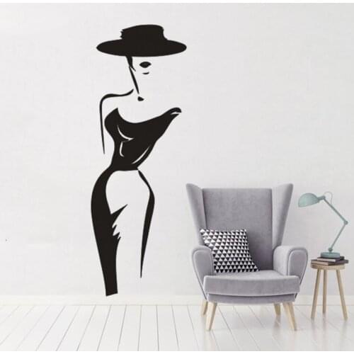 Elegant Lady Vinyl Wall Decal Fashion Dress Girl With Hat Wall Art Sticker Beauty Salon Window Poster Beauty Lady Murals AZ614