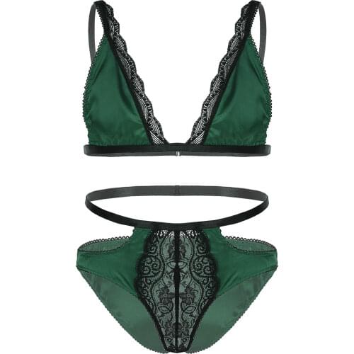 Mens Satin Sissy Lingerie Set Lace Trimming Adjustable Shoulder Strap Bra Tops with Low Rise Briefs Male Nightwear Underwear