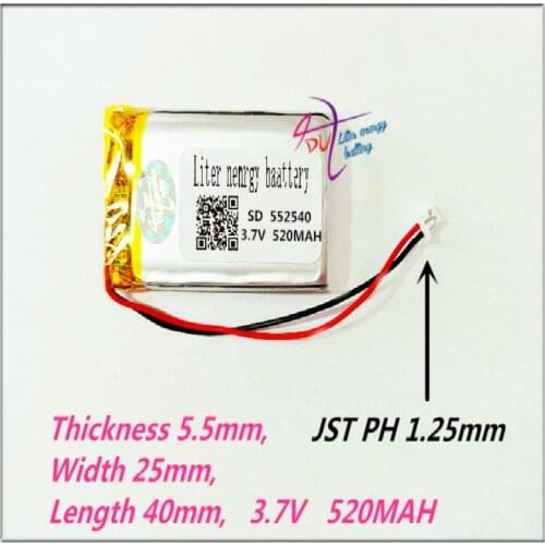 XHR-2P 1.25 552540 3.7V,520mAH, Polymer lithium ion / Li-ion battery for DVR RECORD,MP3,MP4,TOY,GPS,SMART WATCH,SPORT CAMERA