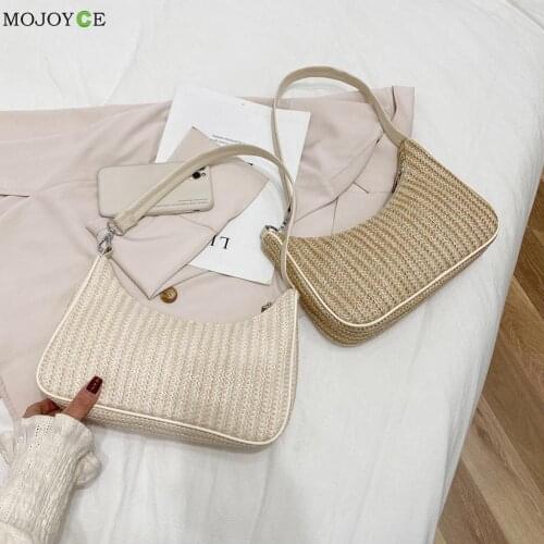 Fashion Women Summer Vacation Pure Color Woven Shoulder Underarm Bag Casual Ladies Hobos Handbags Small Purse