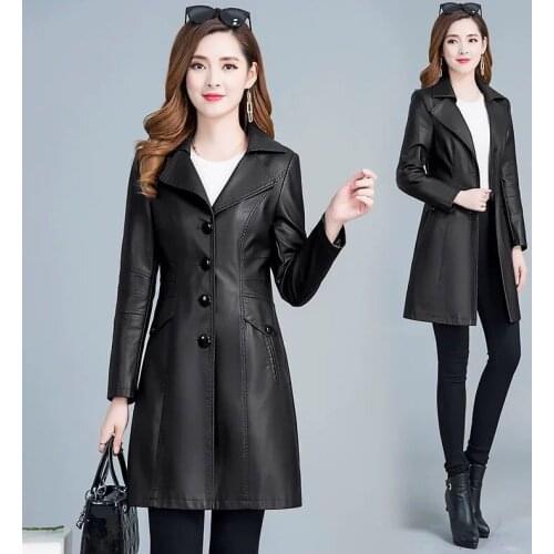 2021 Spring New Women Leather Jacket Long Slim Large Size 6XL Womens Leather Coat Fashion Leisure Female Motorcycle Clothing