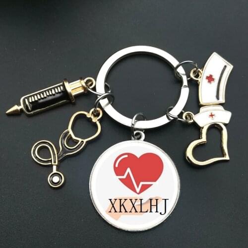 New/high quality 1 piece nurse medical syringe stethoscope image keychain glass cabochon and glass dome key ring pendant gift