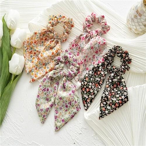 Korean Floral Ribbon Hair Scrunchie Ponytail Hair Tie Hair Scarf Hair Bands Headwear Sweet Elastic Hair Band Hair Accessories