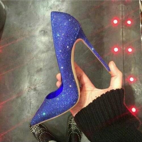 Luxury Bling Bling Crystal Shoes Blue Rhinestone Stiletto Heels Pointed Toe Dress Shoes Slip-on Shallow Banquet Party Shoes