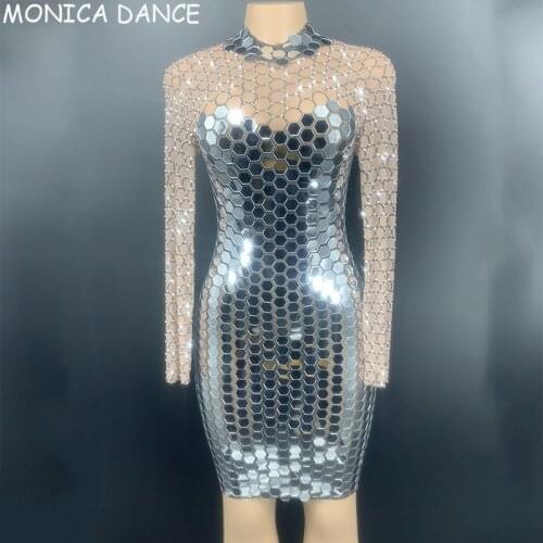Sexy Silver Full Mirror Short Dress Prom Birthday Dress Dj Nightclub Party Performance Stage Wear Costume Sparkling Costumes