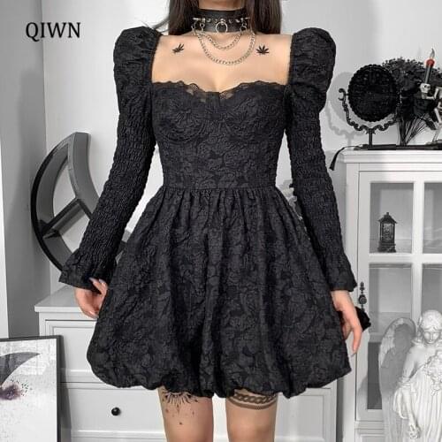 Vintage Sexy Black Dress Goth Puff Flare Sleeve High Waist Mini Dress Aesthetic Elegant Floral Lace Backless Party Dress