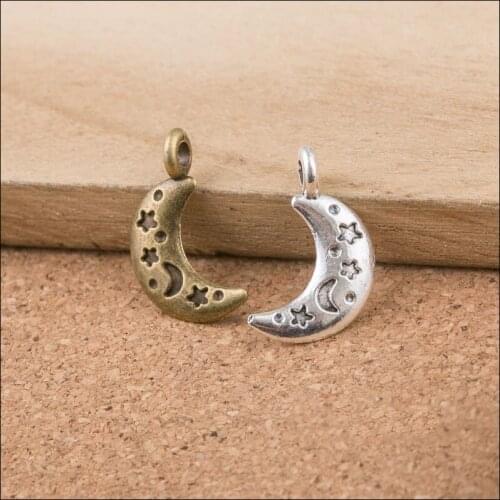 High Quality 50 Pieces/Lot 10mm*19mm Antique Bronze Or Antique Silver Plated Small Moon Charms For Diy Making